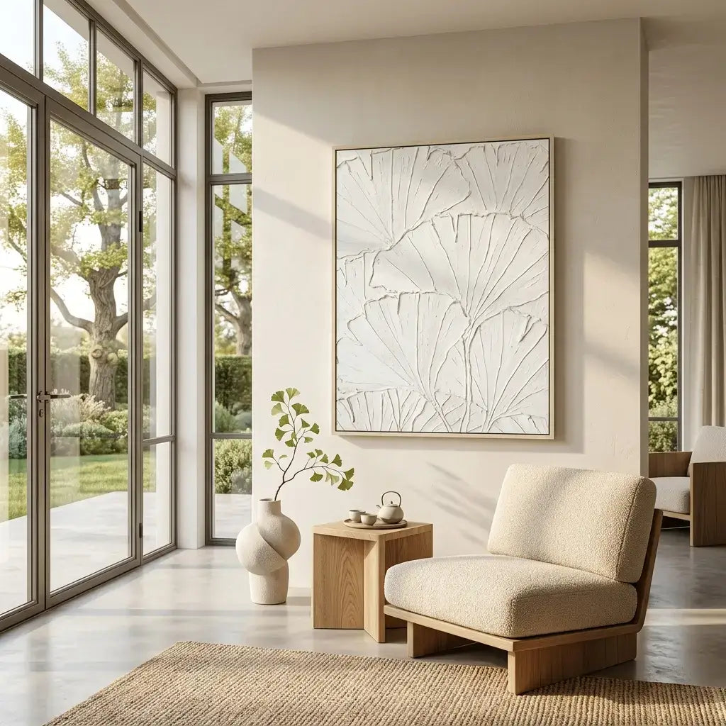 Modern living room with a beige armchair, abstract artwork, and large windows.
