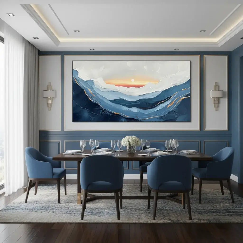 Dining room with a large abstract painting on the wall, blue chairs, and a wooden table.