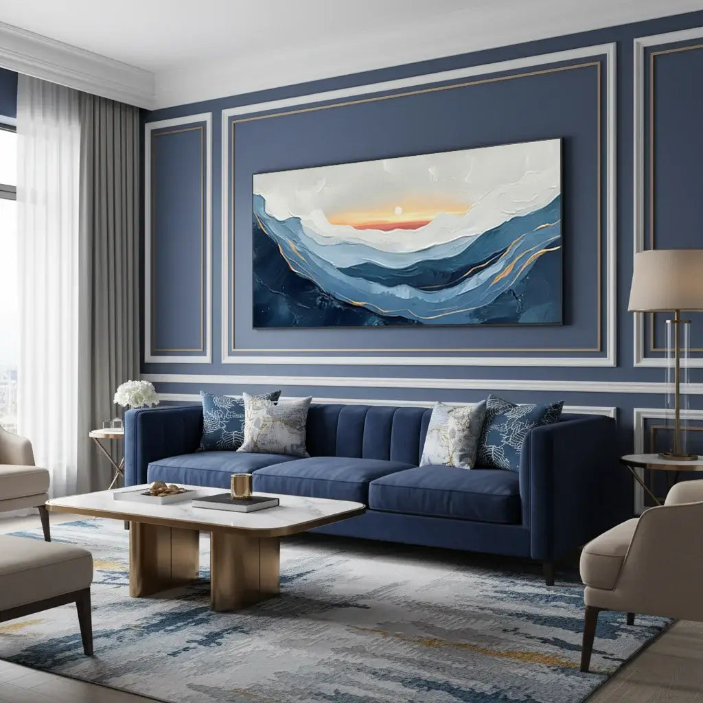 Modern living room with a blue sofa, abstract painting, and decorative elements.