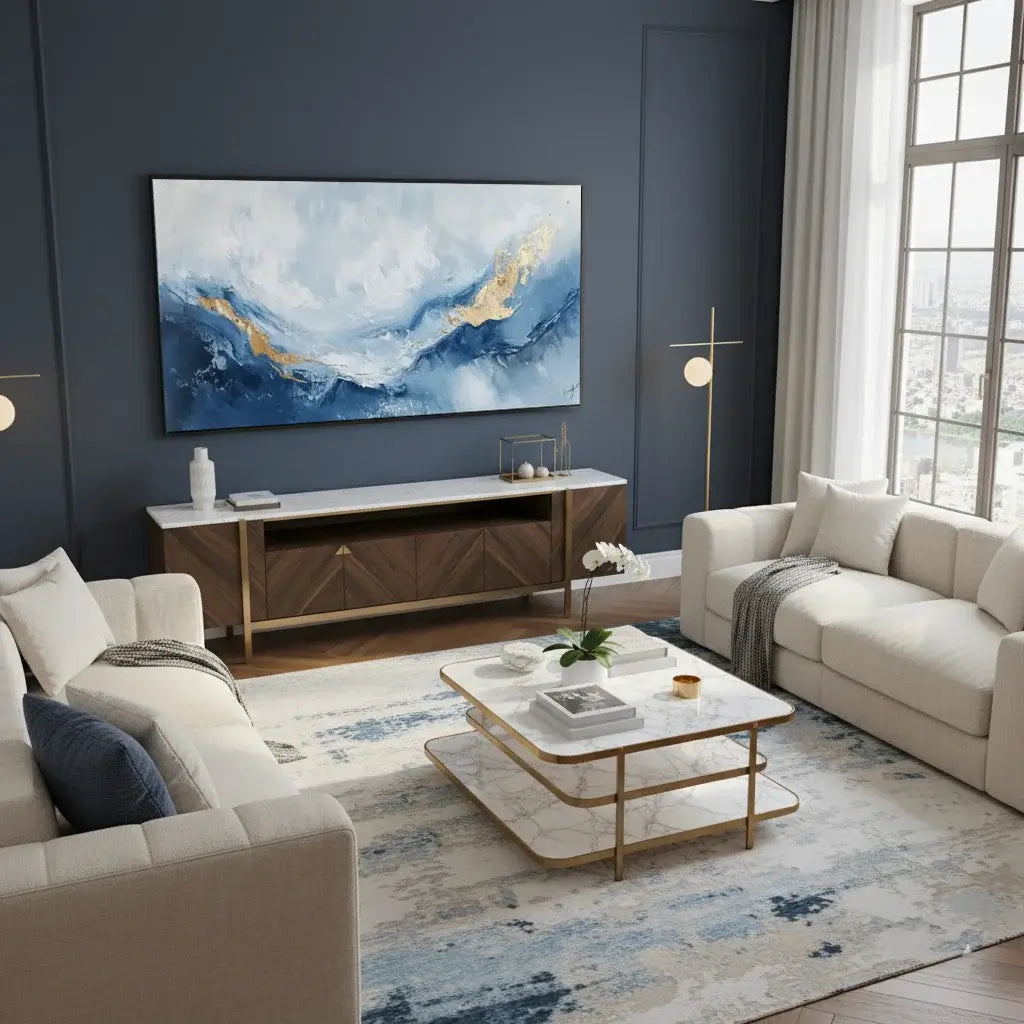 Modern living room with beige sofa, wooden TV stand, and abstract painting on a blue wall.