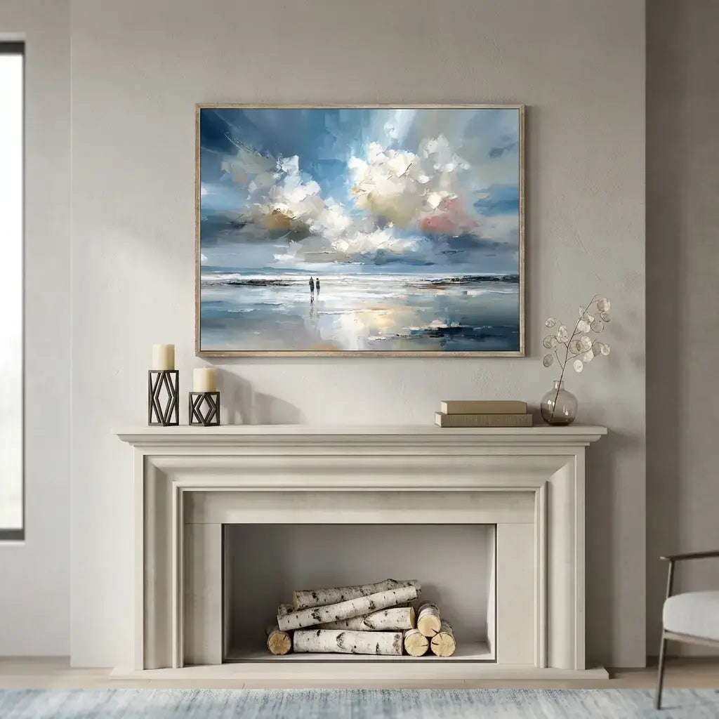 Framed artwork above a fireplace with candles and decorative items.
