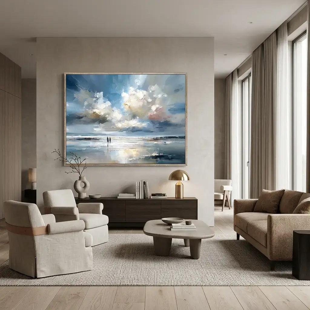 Modern living room with a large abstract painting of clouds on the wall.