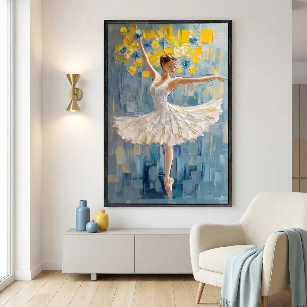 Framed artwork of a ballerina in a living room setting with a chair and decorative vases.