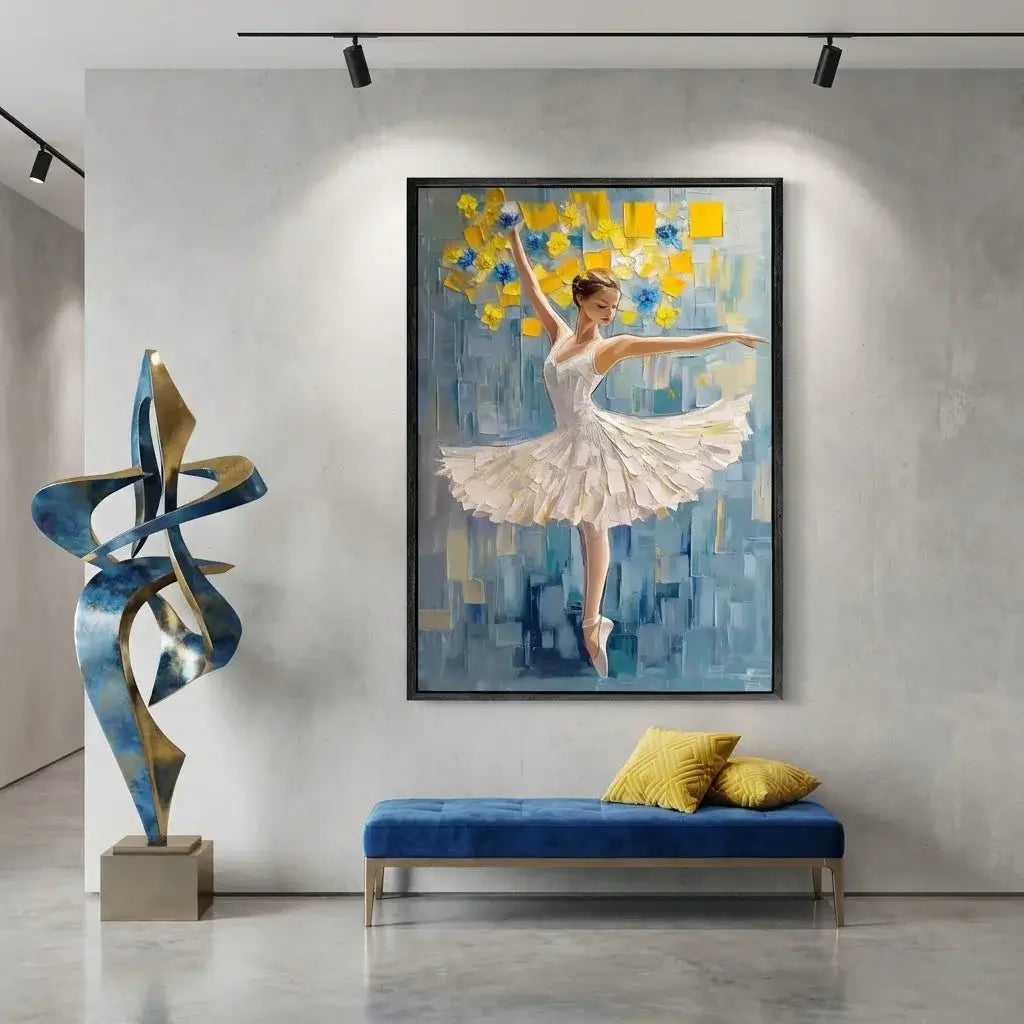 Modern interior with a painting of a ballerina, abstract sculpture, and blue bench.