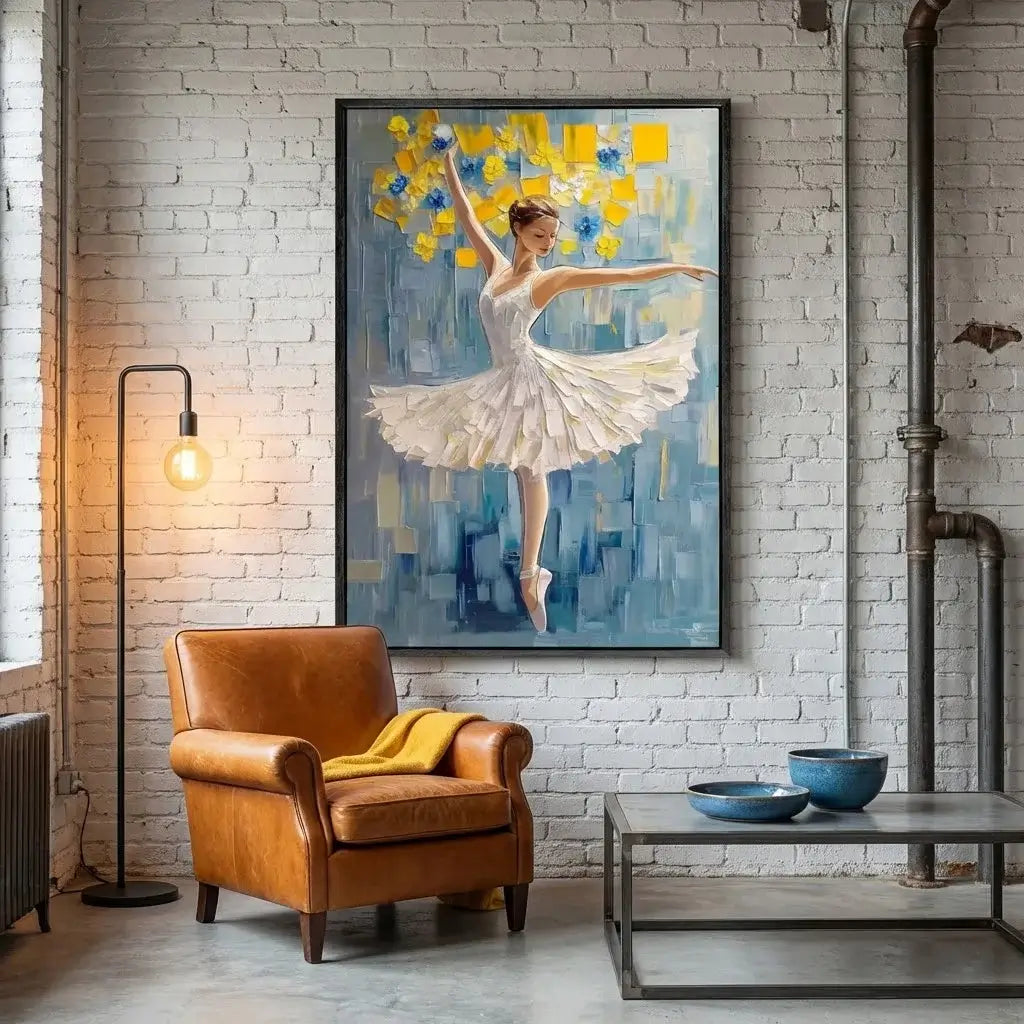 Living room with a painting of a ballerina, brown armchair, and small table.