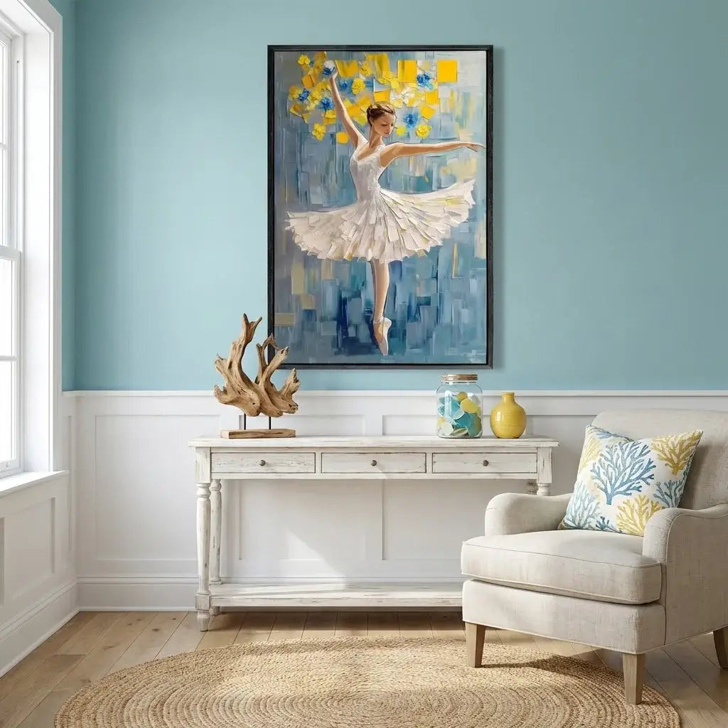 Living room with a painting of a ballerina on the wall, a console table, and a chair.