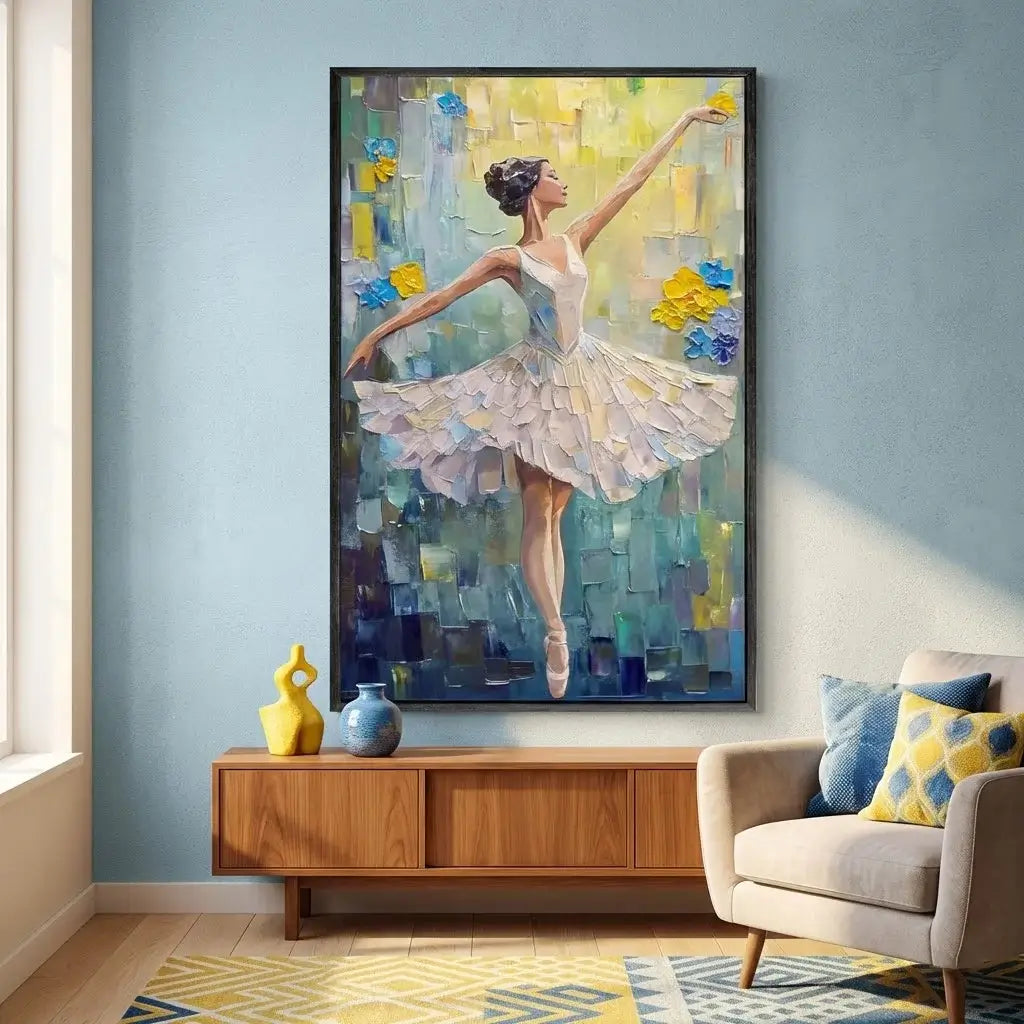Framed painting of a ballerina in a living room setting with a sofa and decorative items.