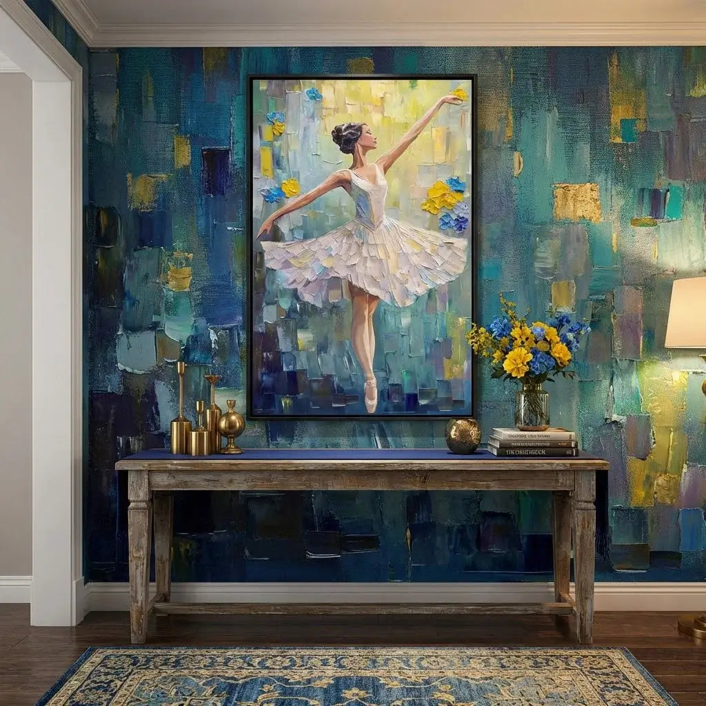 Room interior with a large abstract painting of a ballerina, a wooden console table, and decorative items.