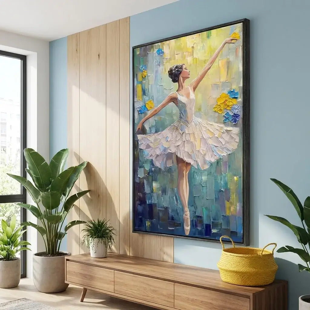 Living room with a large abstract painting of a dancer on the wall, wooden cabinet, and plants.