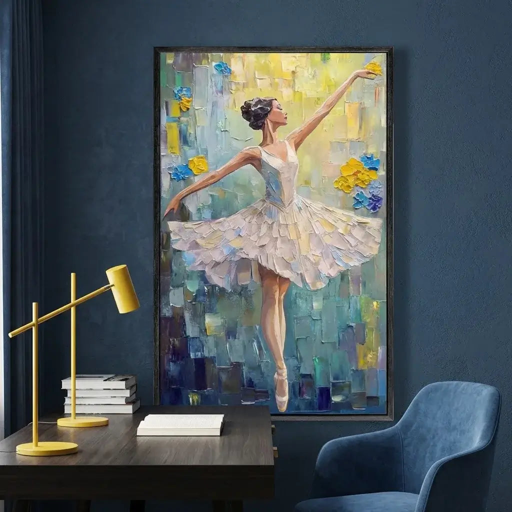 Framed painting of a ballerina in a colorful setting on a dark blue wall.