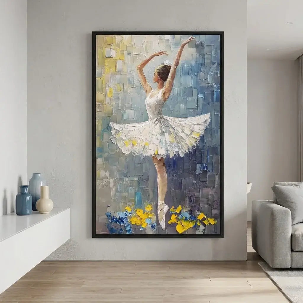 Framed painting of a ballerina in a modern living room setting