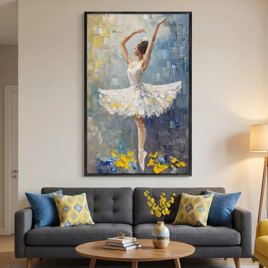 Living room with a painting of a dancer on the wall above a gray sofa with colorful pillows.
