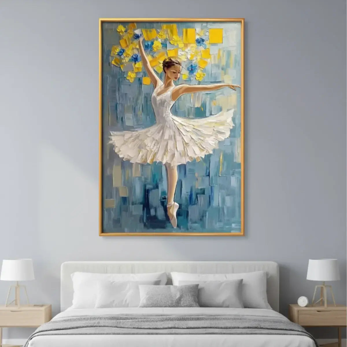 Framed painting of a ballerina in a white dress with blue and yellow flowers above a bed.