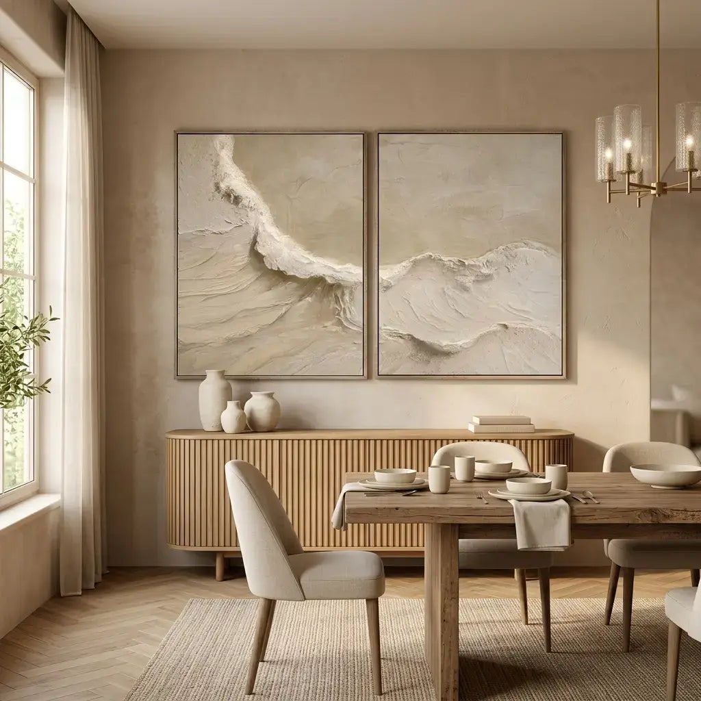 Dining room with wooden table, chairs, and abstract wall art.