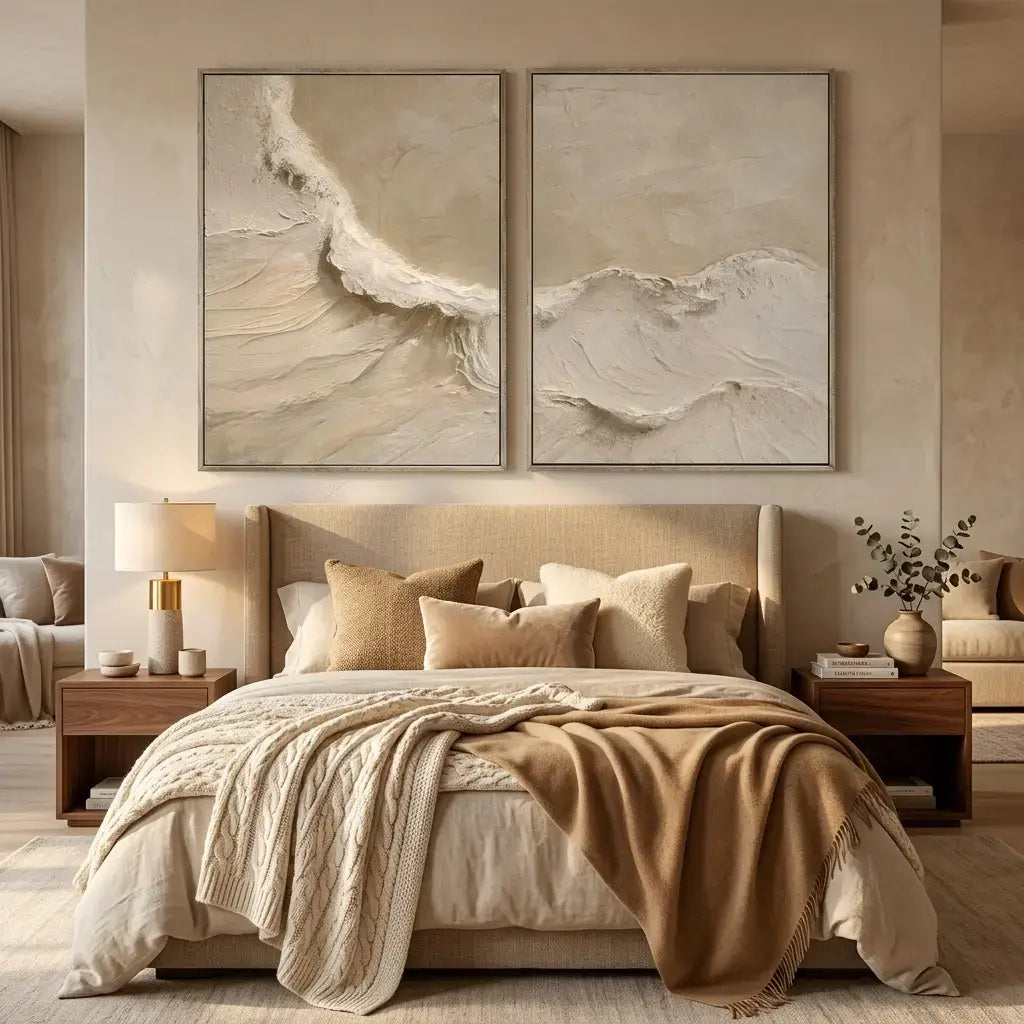 Neatly made bed with beige and brown bedding in a bedroom setting.