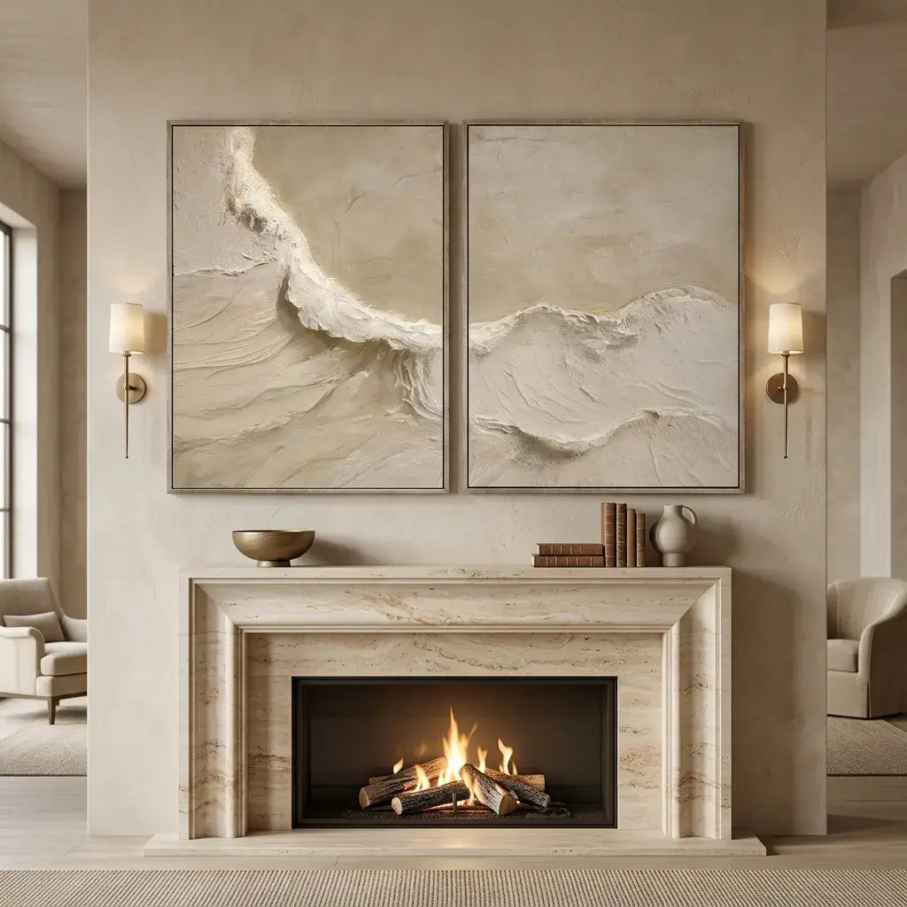 Modern living room with a fireplace and abstract wall art