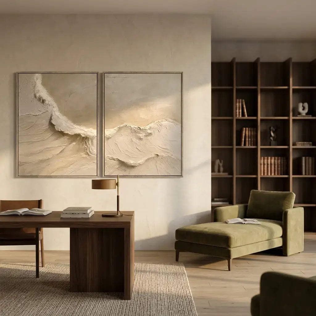 Modern living room with a desk, chair, and bookshelf.