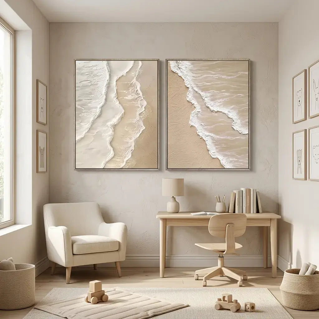 Modern home office with beach-themed wall art, desk, and chair.