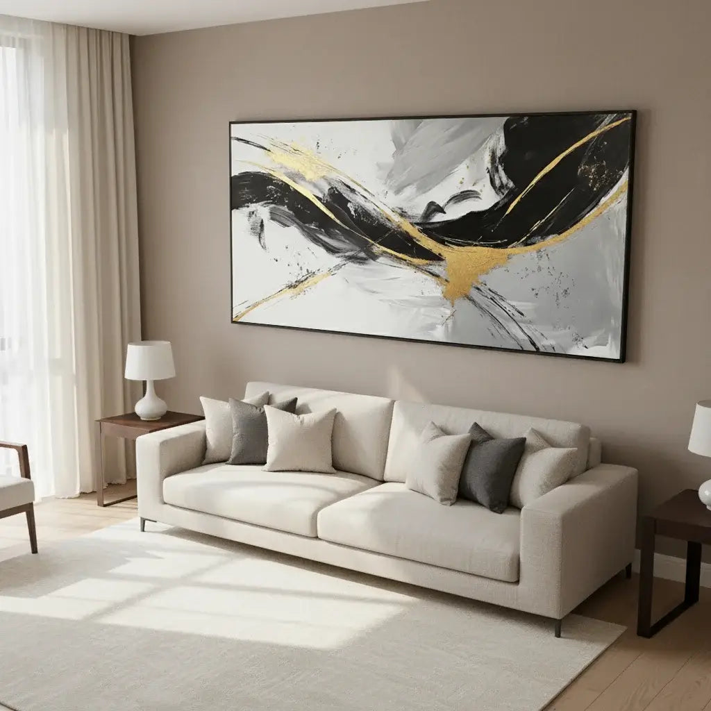 Modern living room with a beige sofa, abstract painting, and side tables.