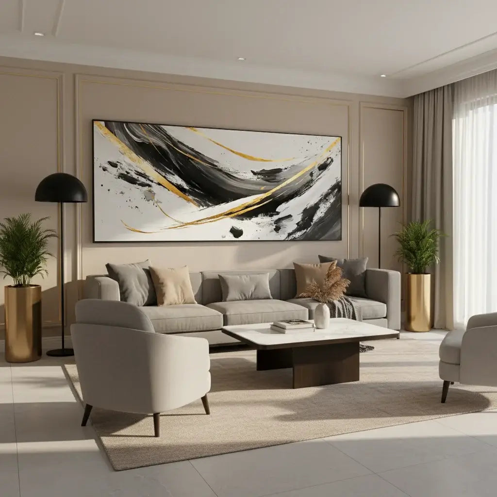 Modern living room with a gray sectional sofa, coffee table, and abstract painting on the wall.