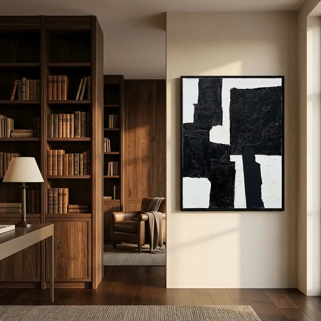 Modern interior with wooden bookshelf, abstract black and white painting, and lamp.