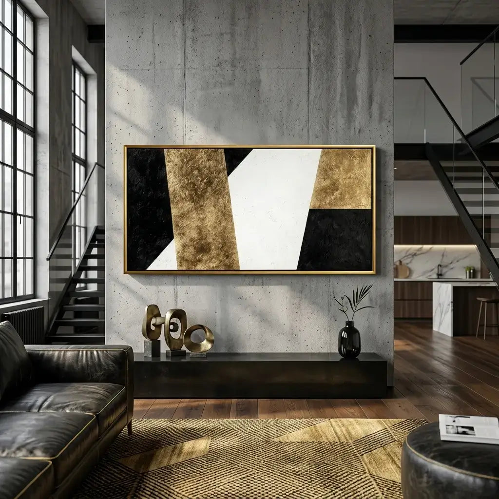 Modern living room with abstract art on the wall, leather sofa, and decorative items.