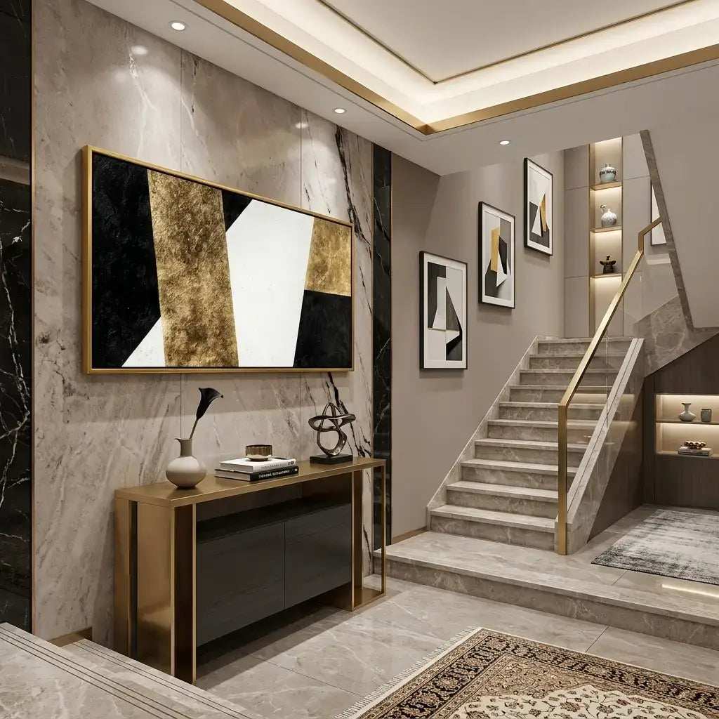 Modern interior design with staircase, wall art, and decorative items.