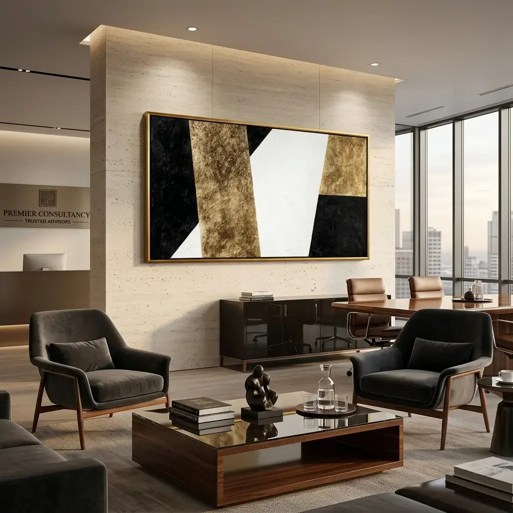 Modern living room with abstract art on the wall and city view