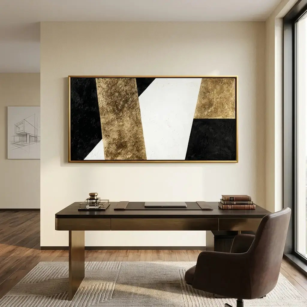 Modern office setup with a desk, chair, and abstract art on the wall.