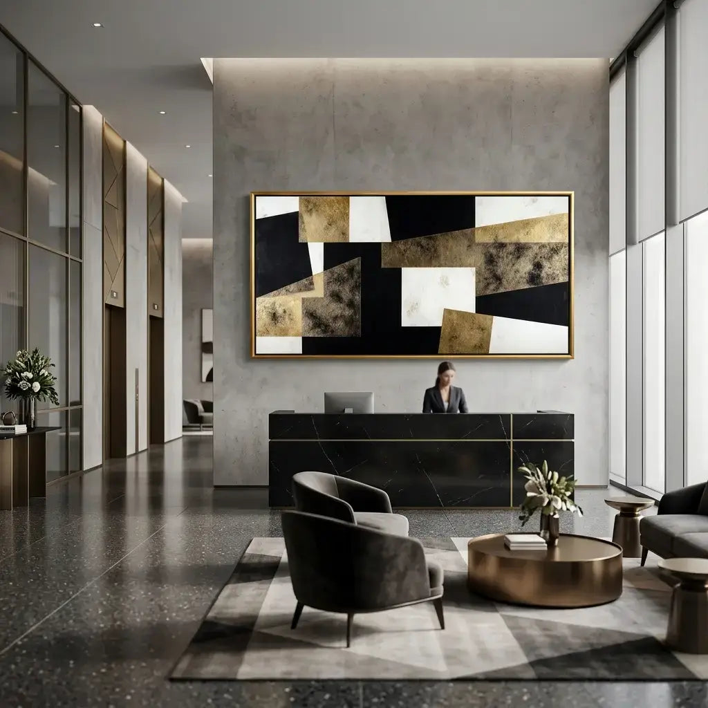 Modern hotel lobby with reception desk and abstract art on the wall