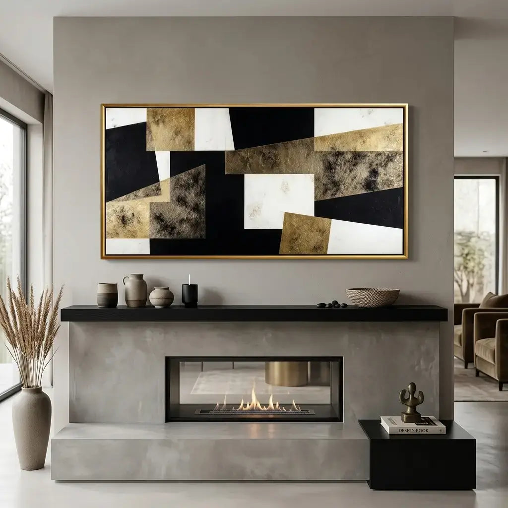 Modern living room with a fireplace and abstract art on the wall