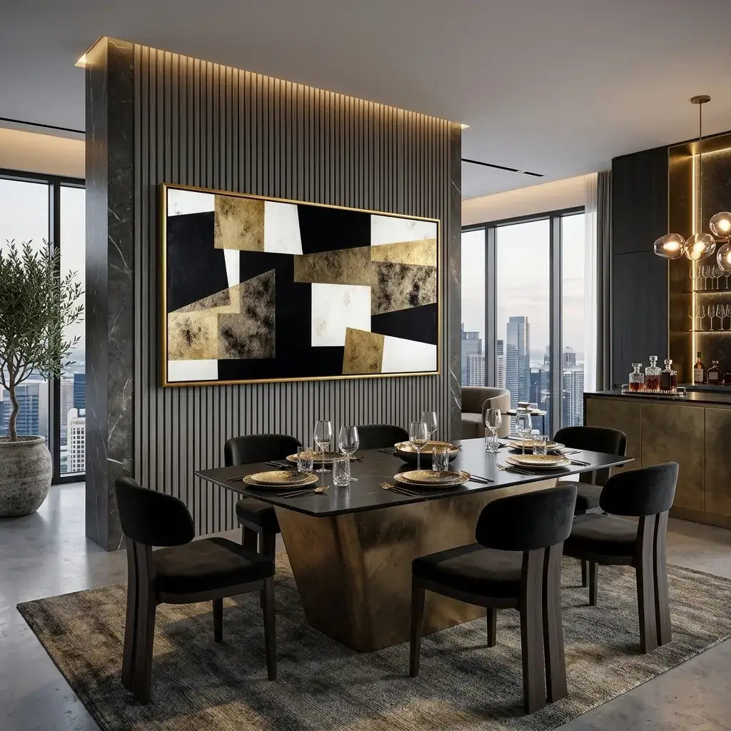 Modern dining room with a large abstract painting on the wall, cityscape view, and decorative items.