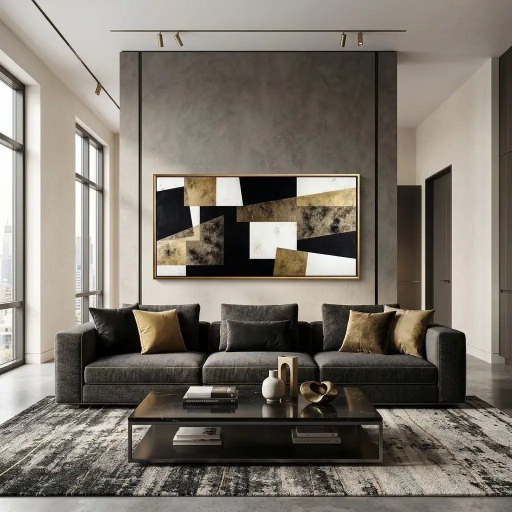 Modern living room with a gray sofa, abstract painting, and coffee table.
