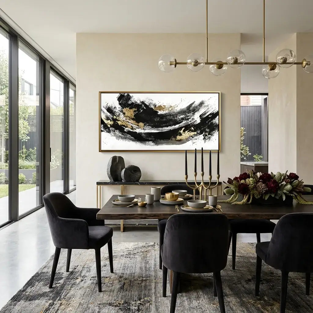 Modern dining room with a large abstract painting on the wall, dark wooden table, and chairs.