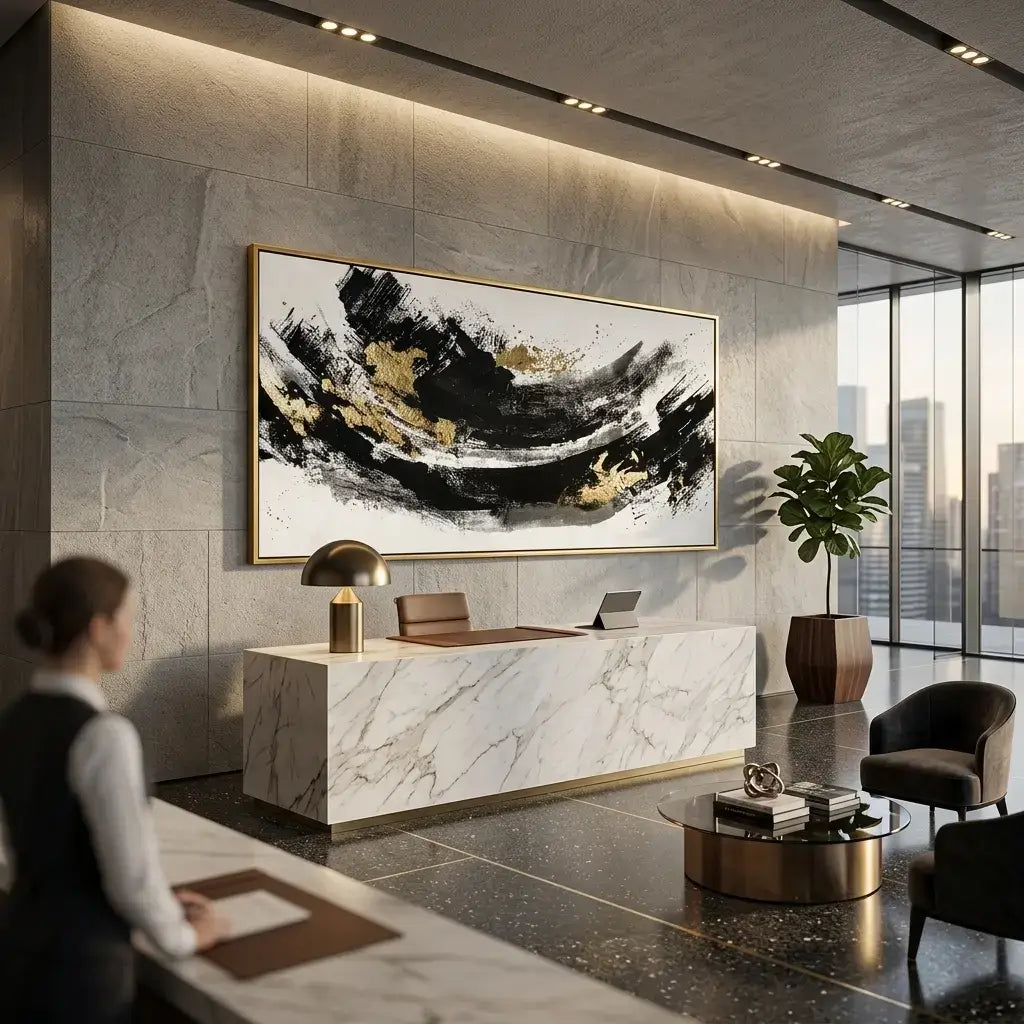 Modern office interior with marble reception desk and abstract art on the wall.