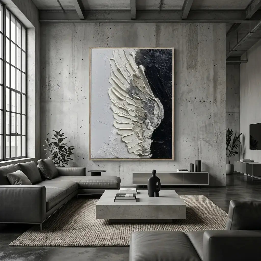 Modern living room with a large abstract painting of a wing on the wall.