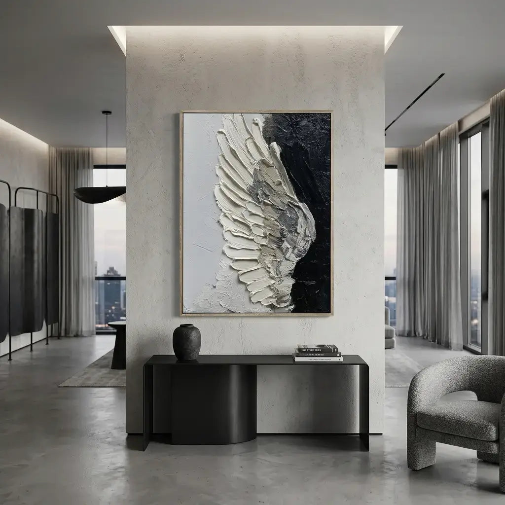 Modern interior with a large abstract wing painting on a wall.