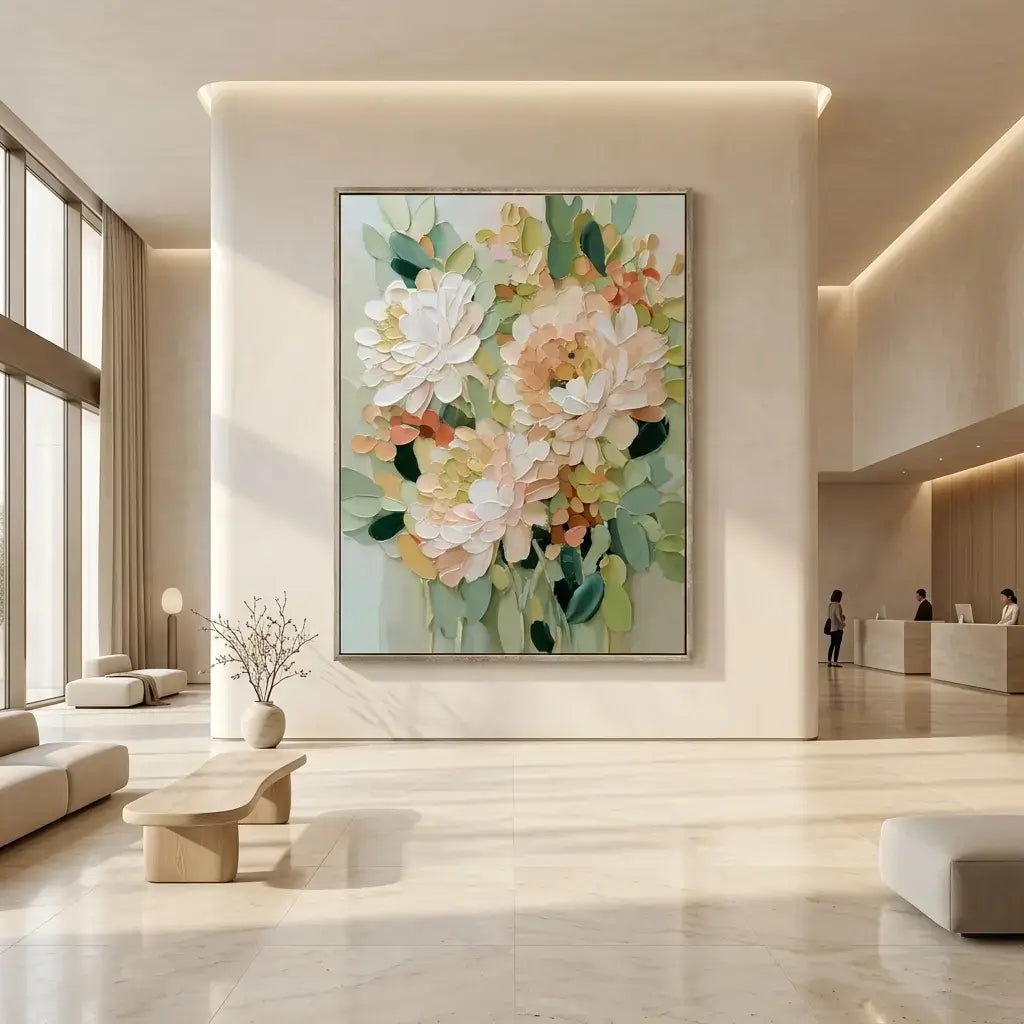 Floral painting in a modern interior setting with neutral colors