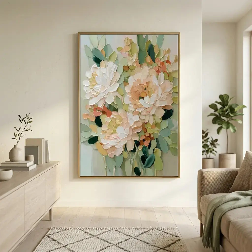 Floral painting in a living room setting with decor elements.