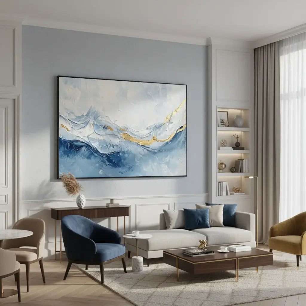 Modern living room with abstract painting, sofa, and chairs.