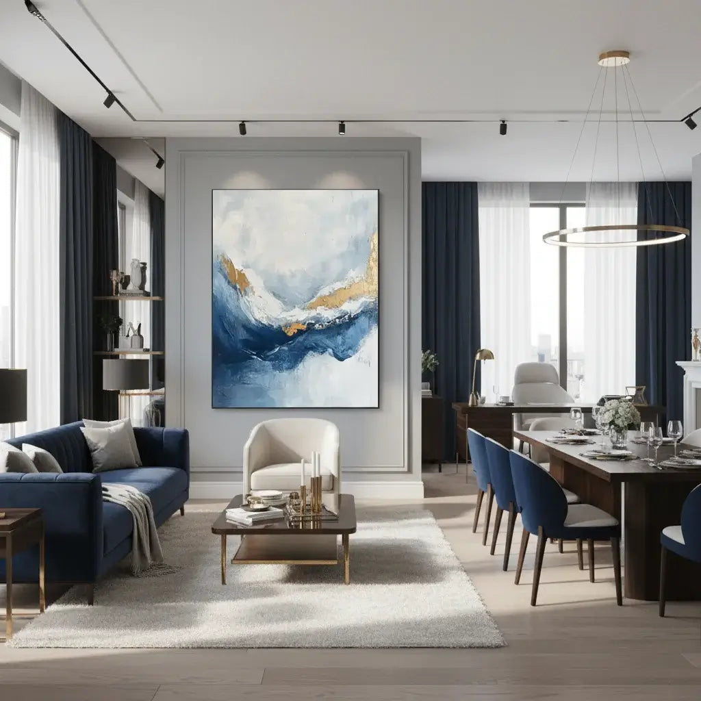 Modern living room with a blue sofa, abstract painting, and dining table.