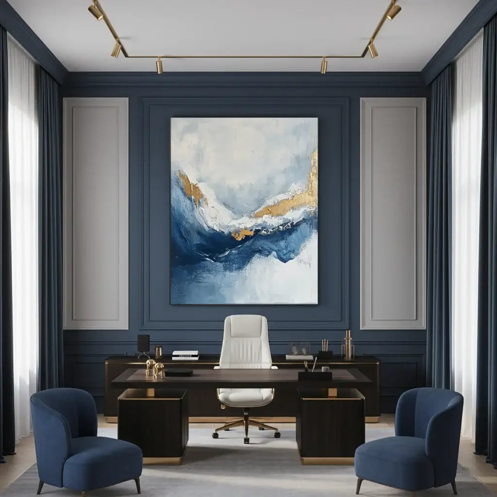 Modern office interior with a large abstract painting on the wall, a desk, and chairs.