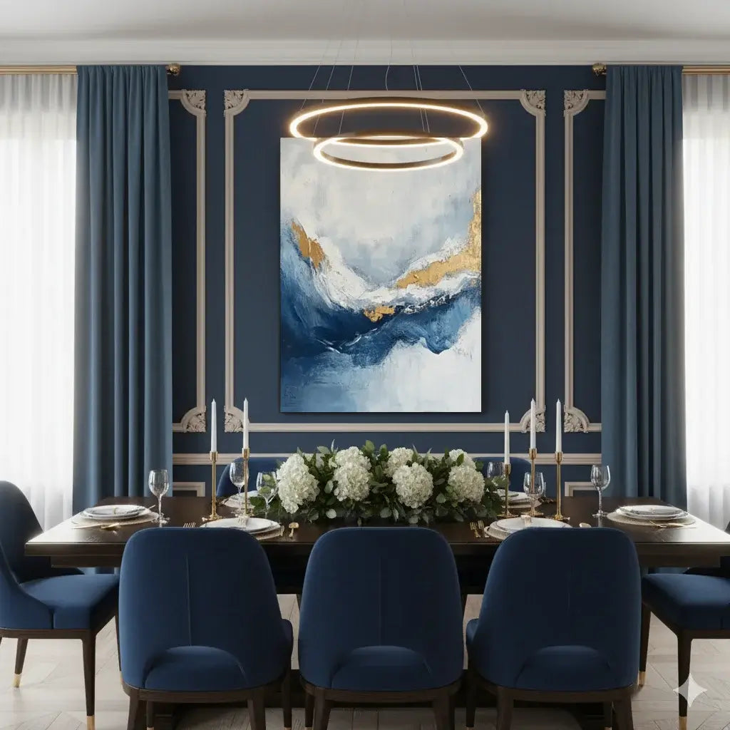 Dining room with blue chairs, a table, and a decorative wall painting.