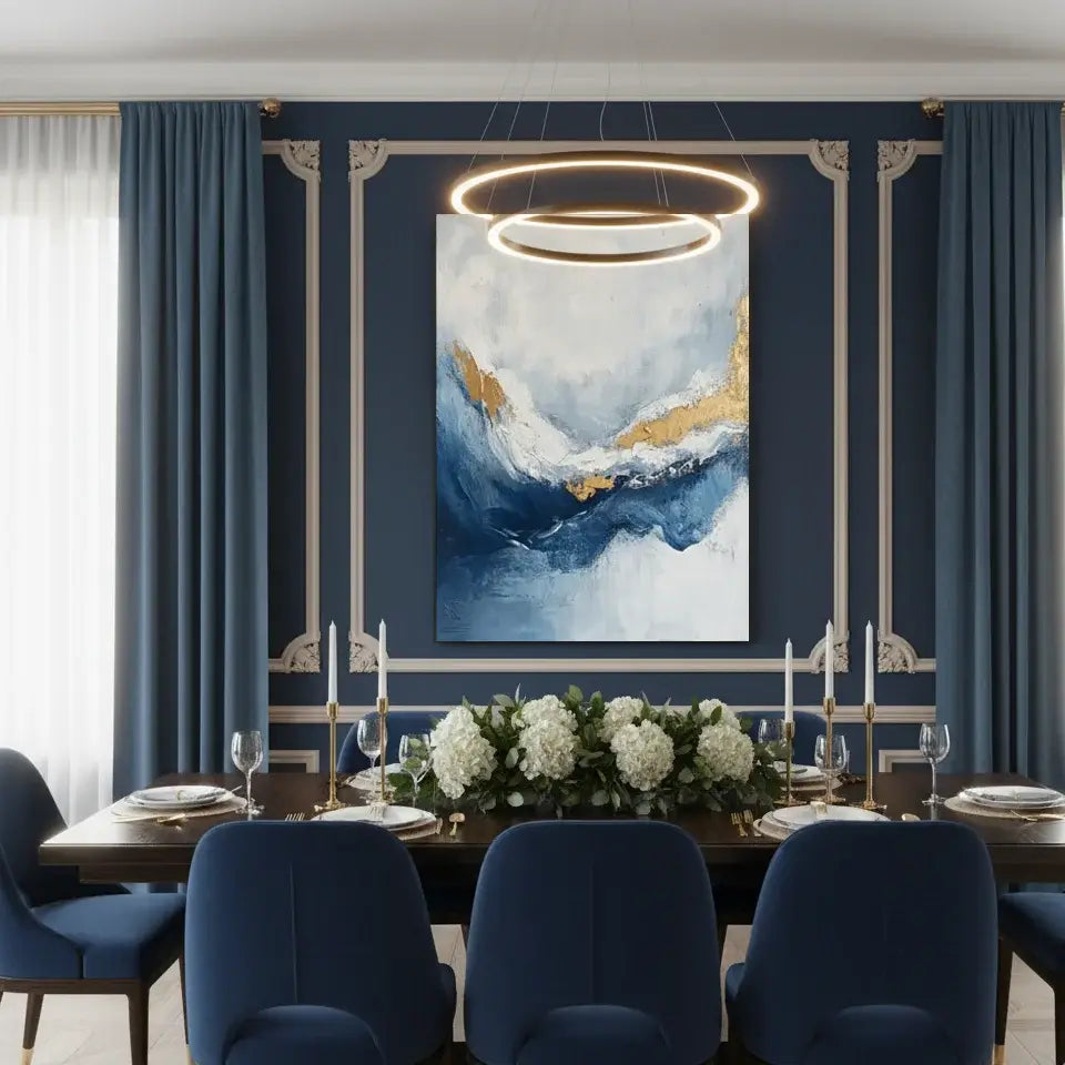 Dining room with blue chairs, a table, and a decorative wall painting.