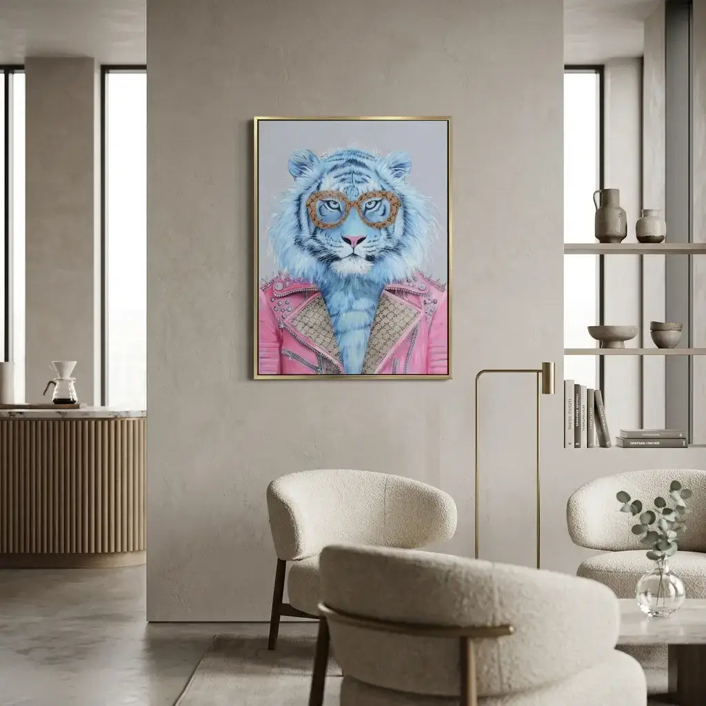 Modern interior with a framed artwork of a tiger wearing glasses and a pink jacket.