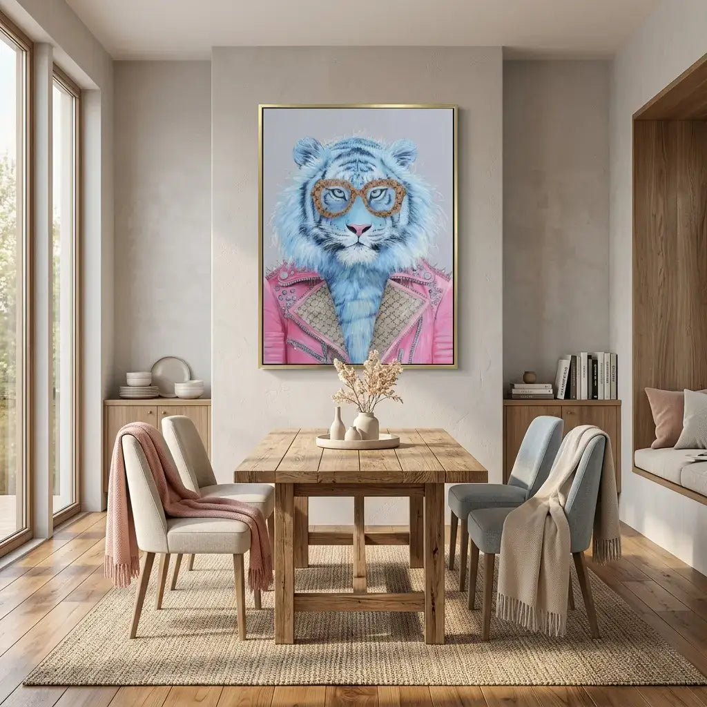 Dining room with a wooden table and chairs, featuring a modern painting of a tiger wearing glasses on the wall.