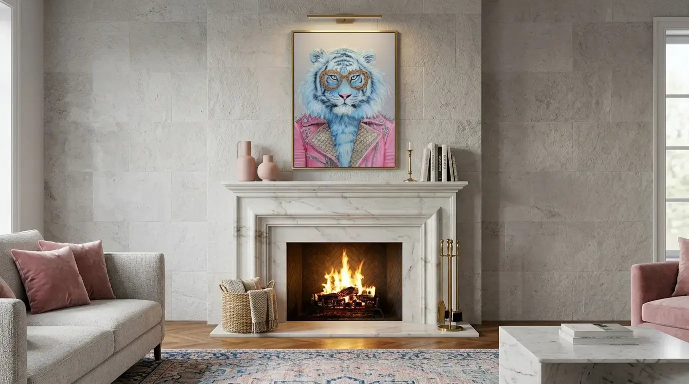 Modern living room with a fireplace, artwork of a tiger wearing glasses, and decorative items.