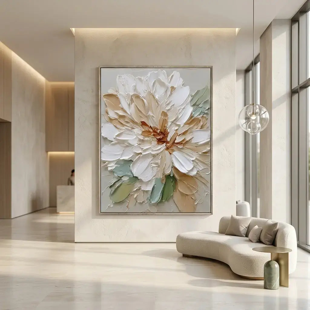 Modern living room with a large floral painting on the wall