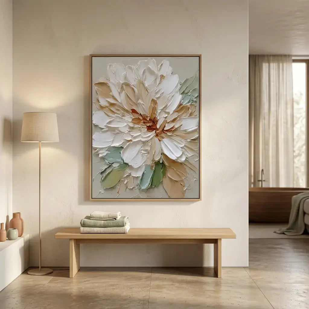 Floral artwork on a wall above a wooden bench in a modern room.
