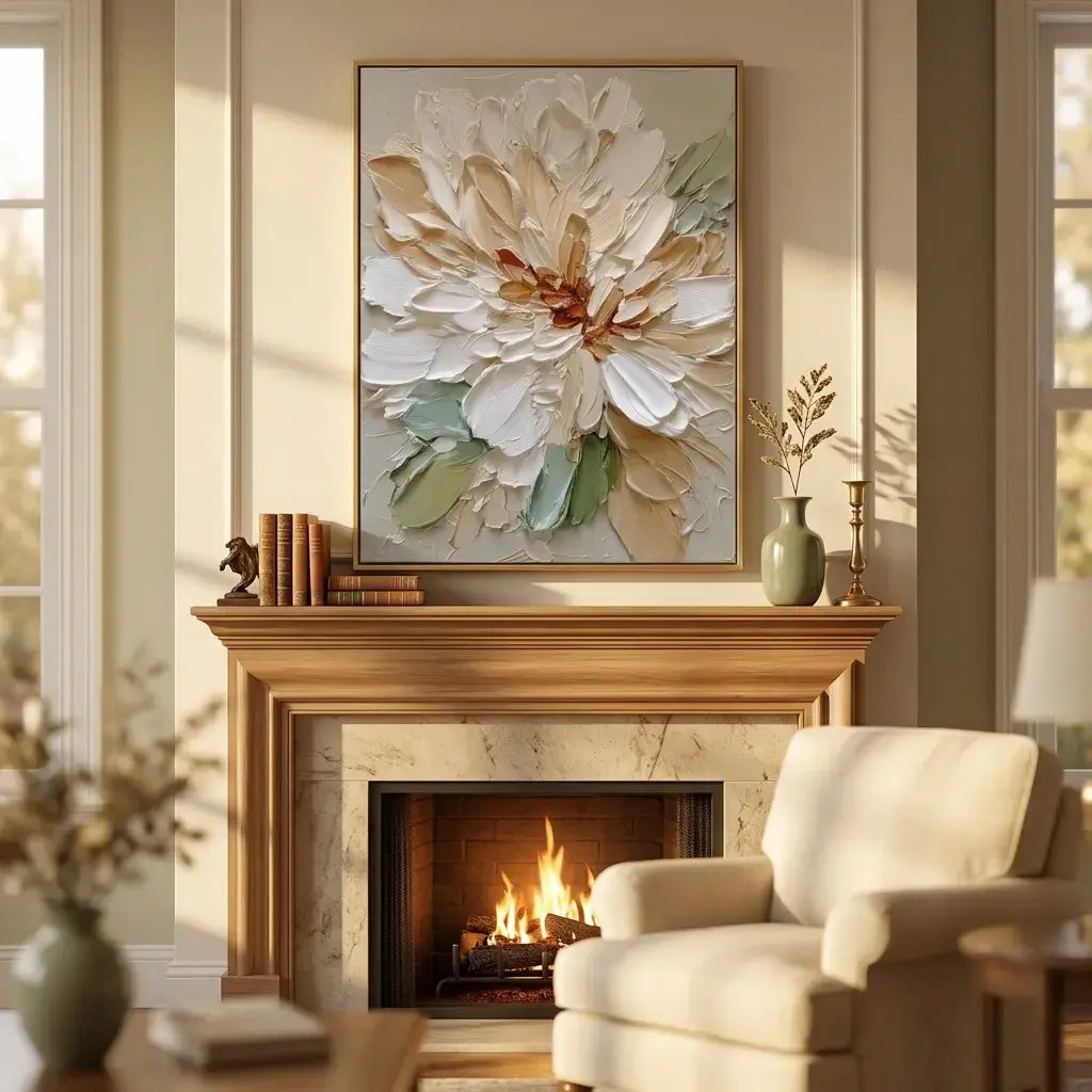 Living room with a fireplace, floral artwork, and a beige armchair.